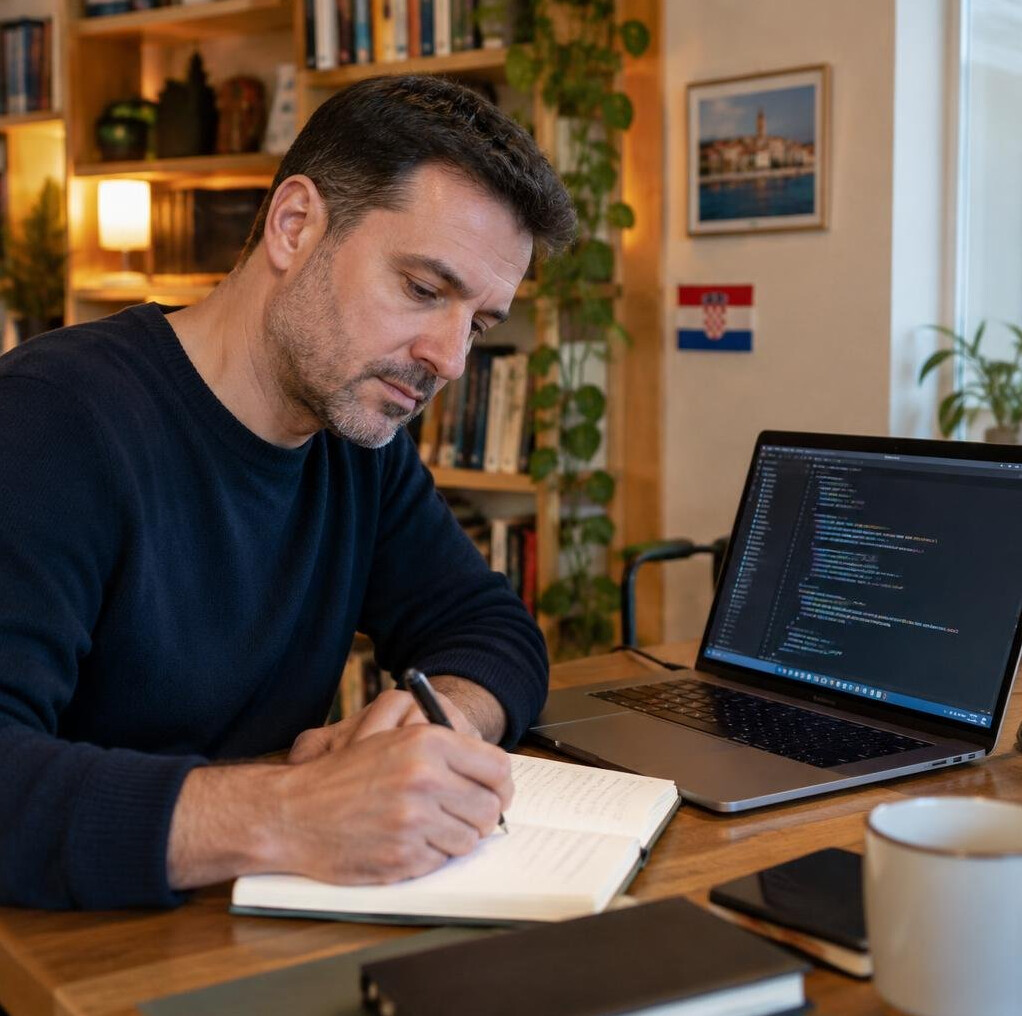 Man writing notes next to a laptop with code