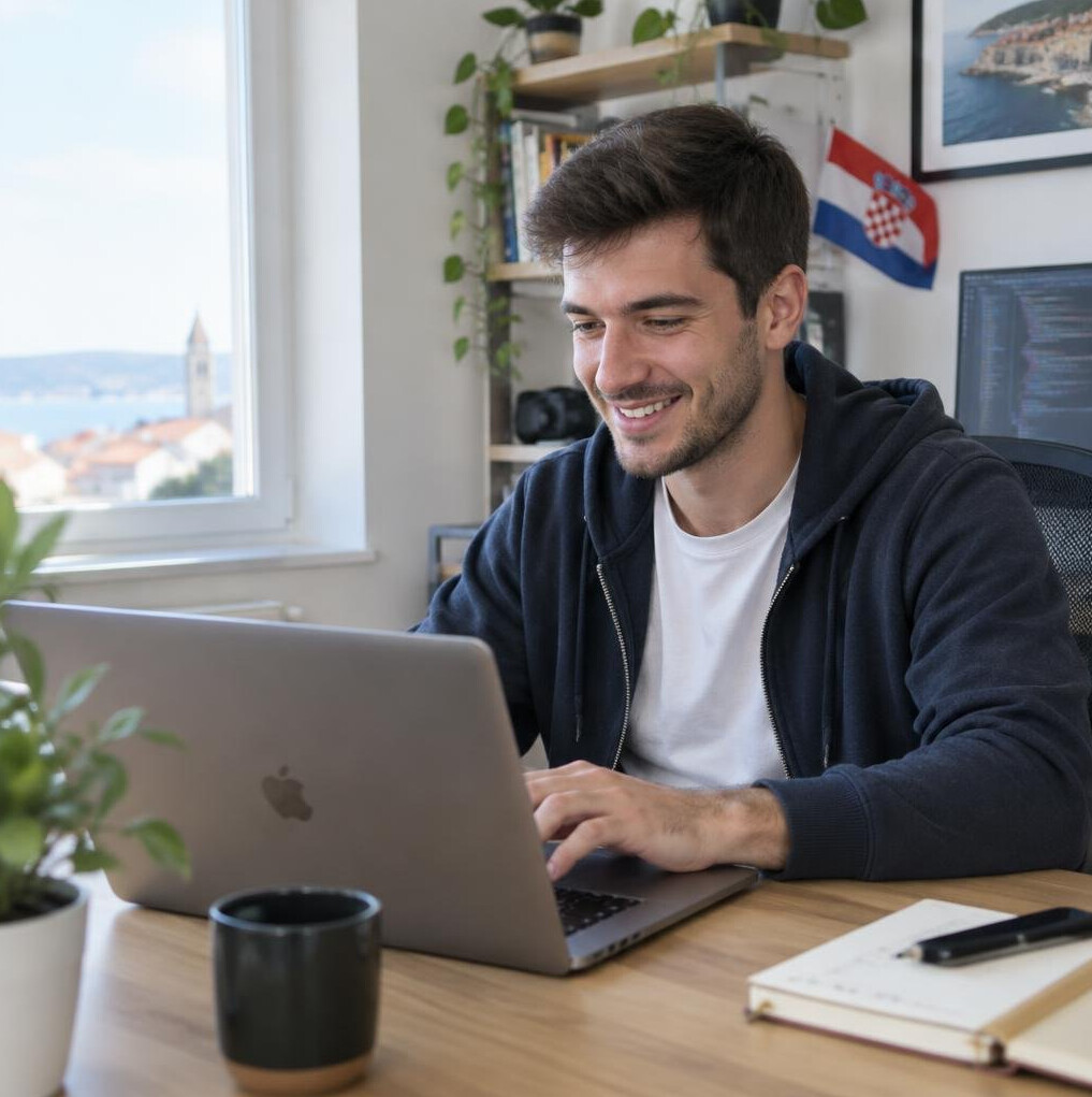 Young man coding on a laptop at a desk