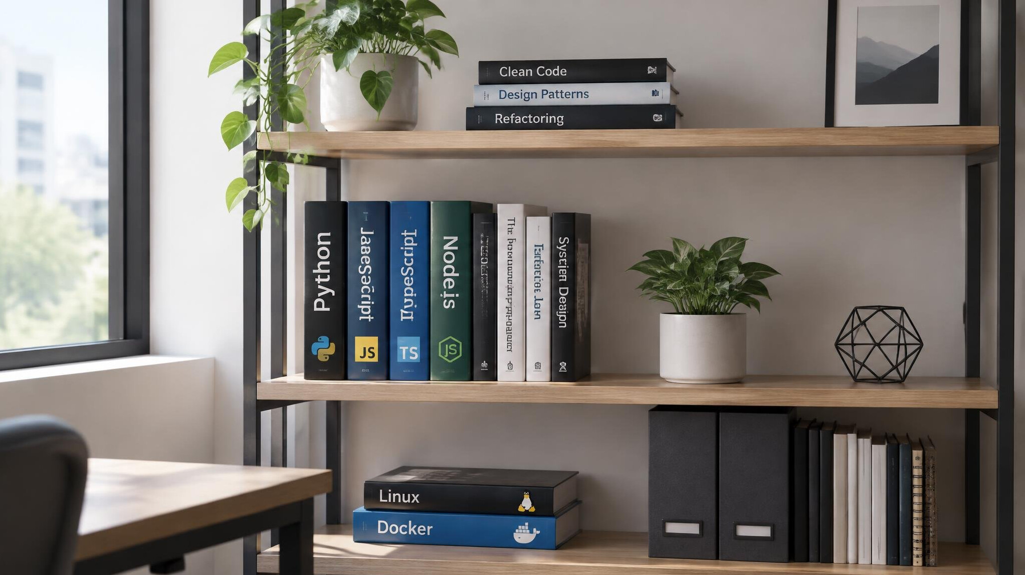 Bookshelf with programming books in a modern office