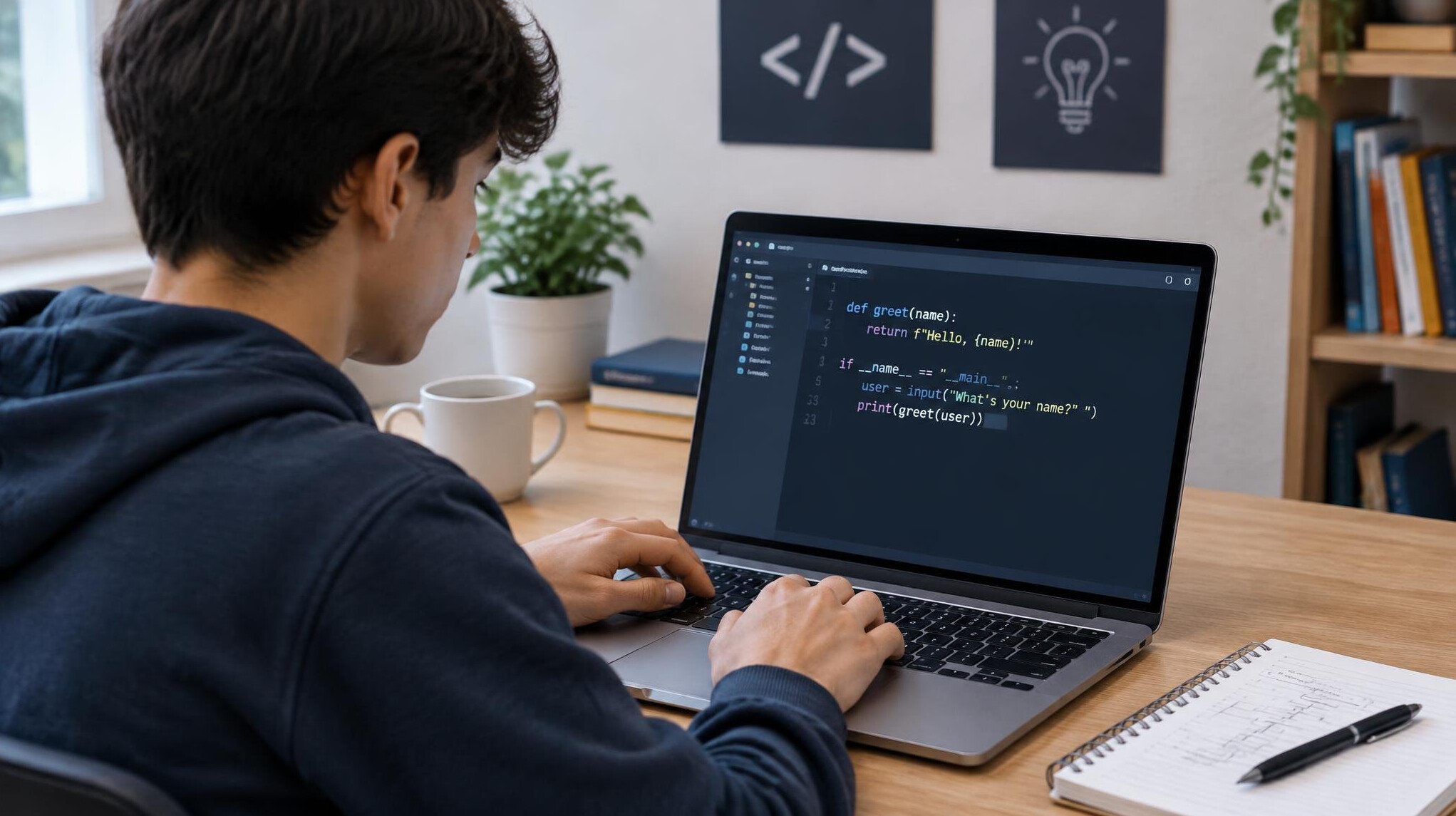 young person coding on laptop