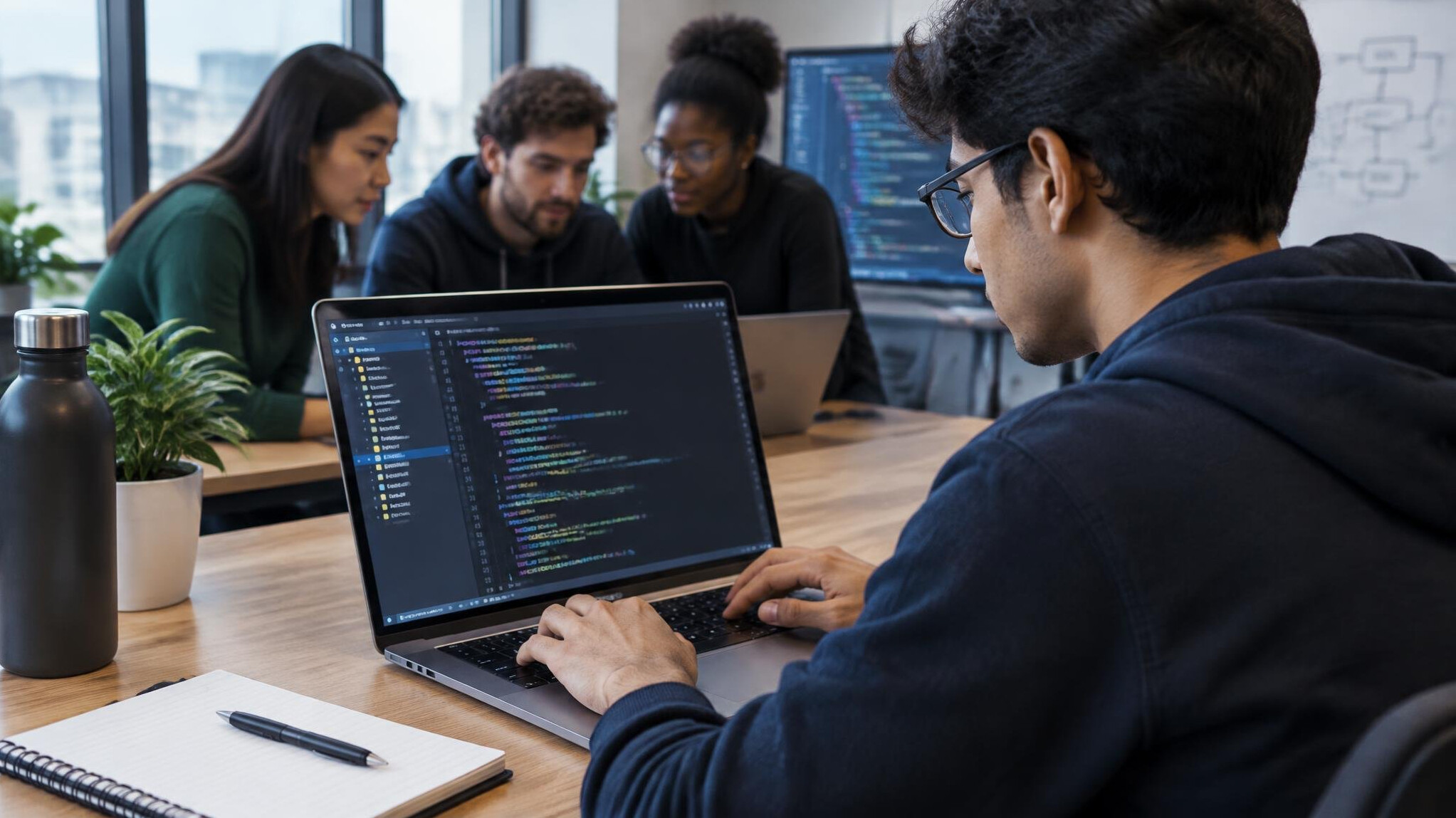 programmer coding on laptop