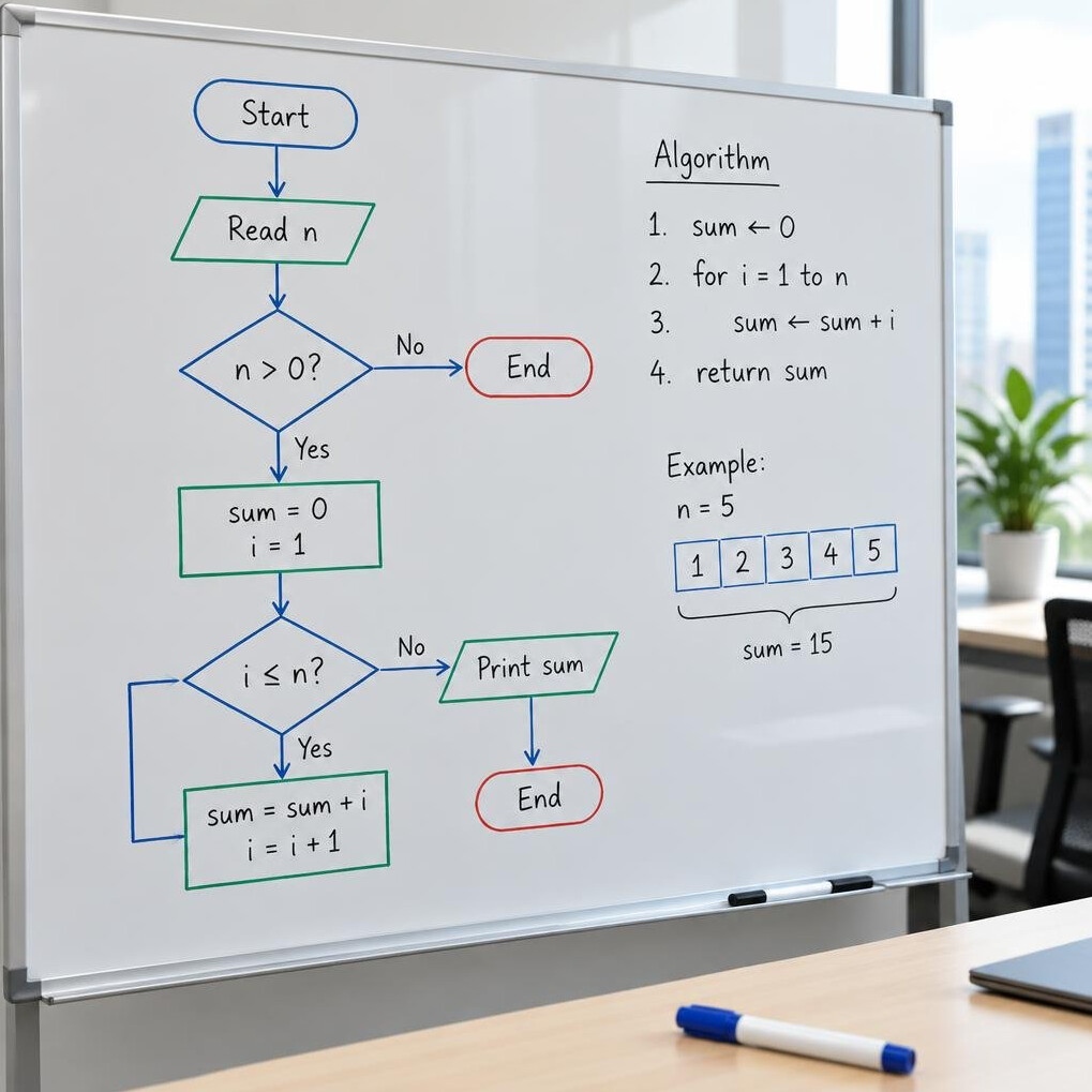 Whiteboard with a hand-drawn algorithm flowchart