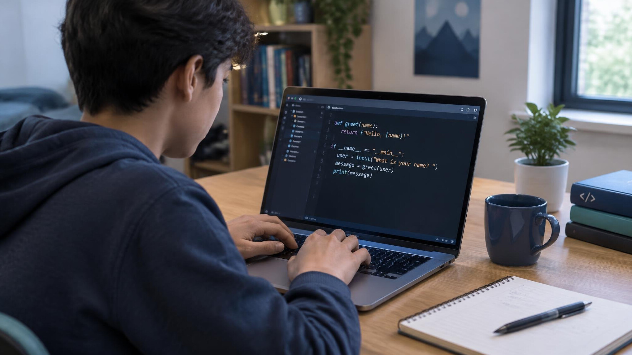young person coding on laptop