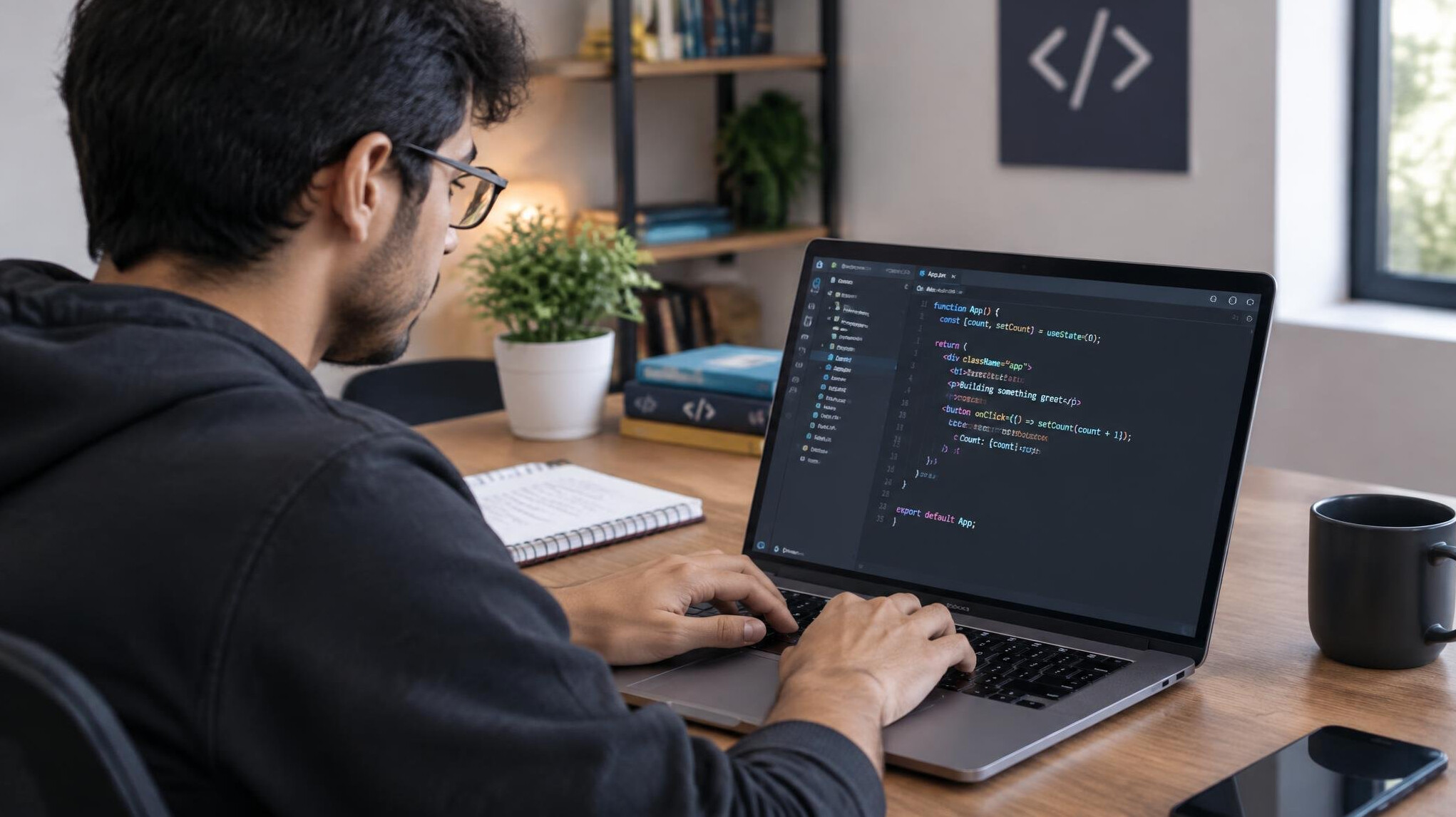 web developer coding on laptop