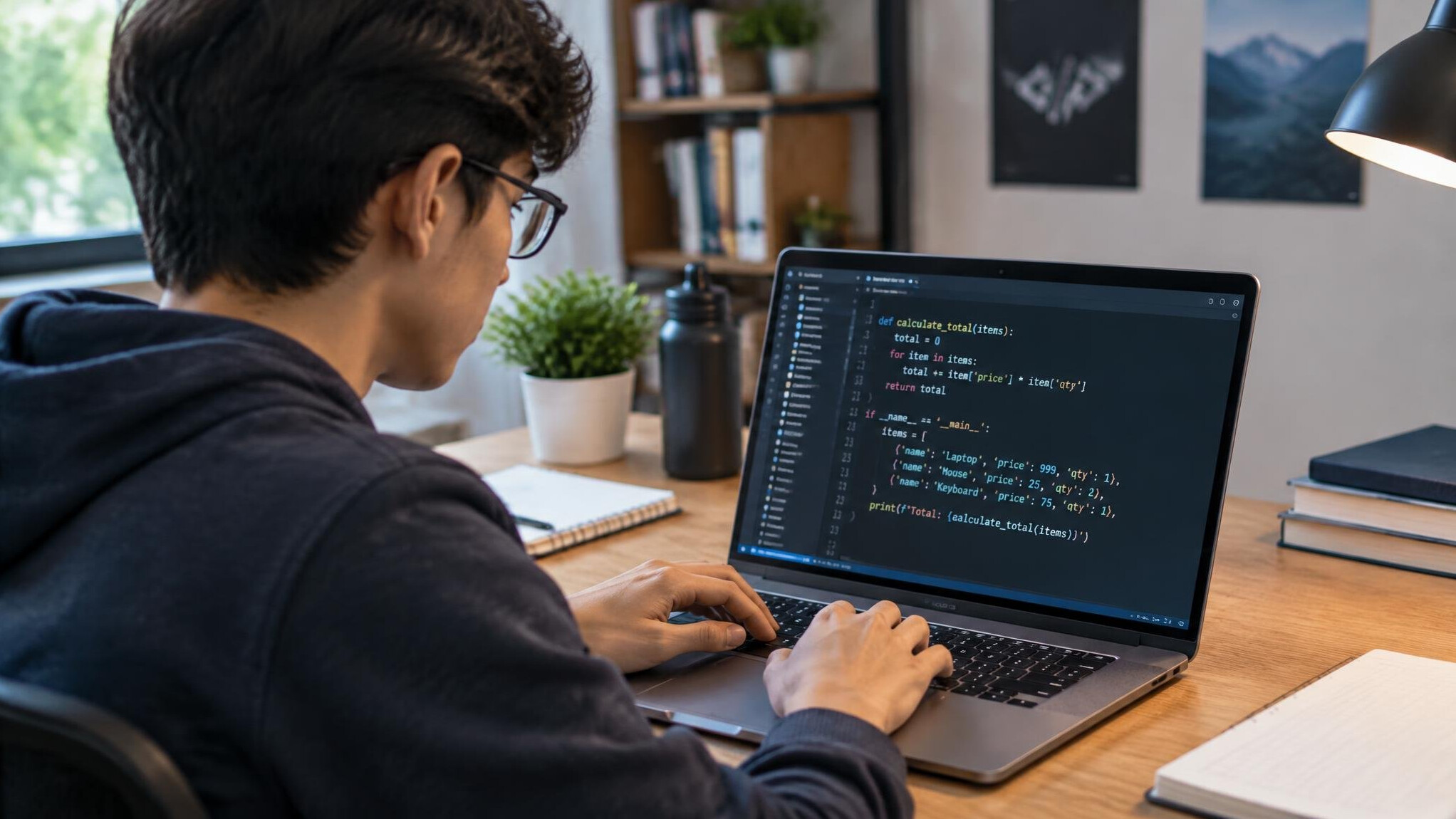 young person coding on laptop