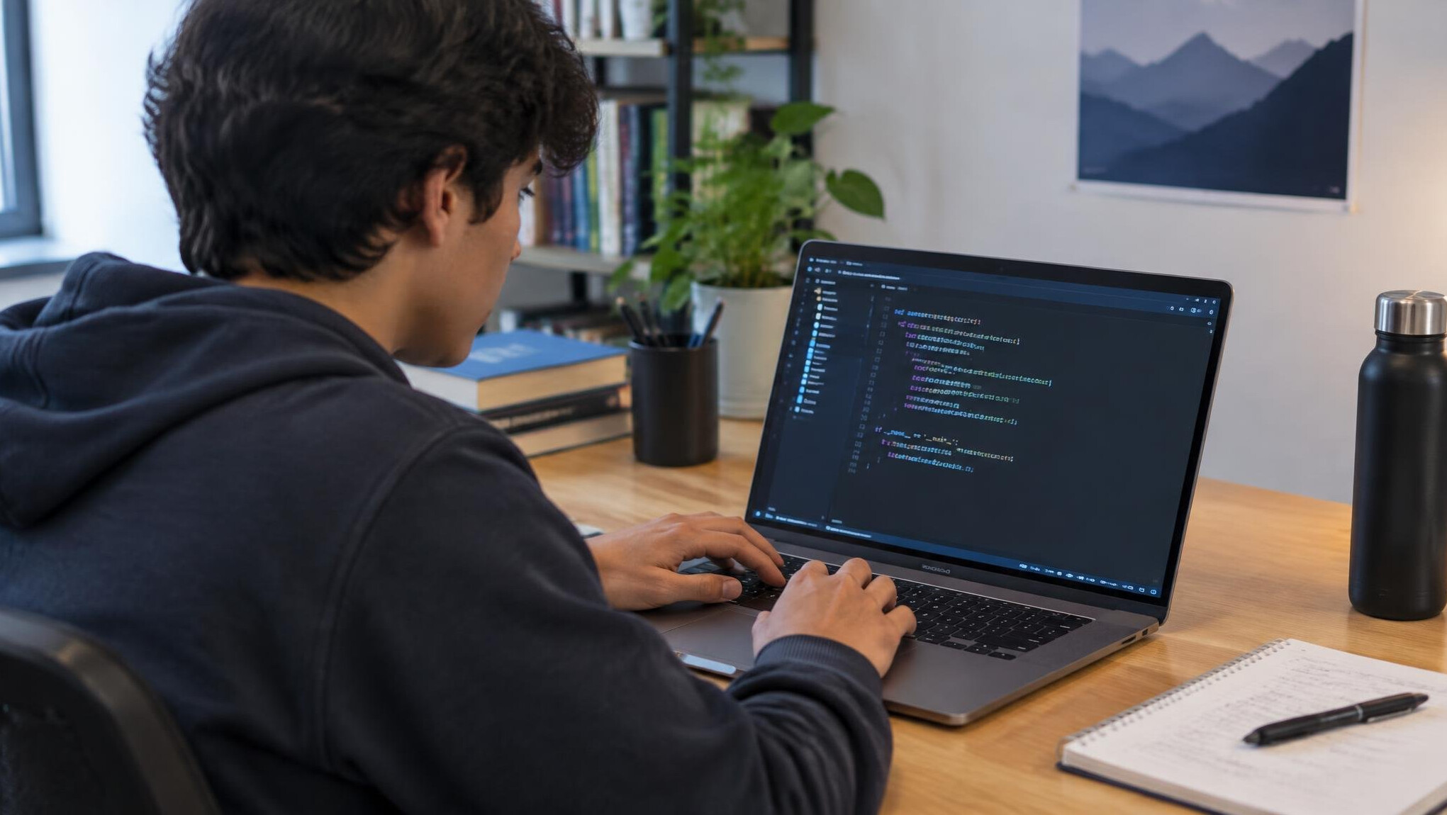 young person coding on laptop