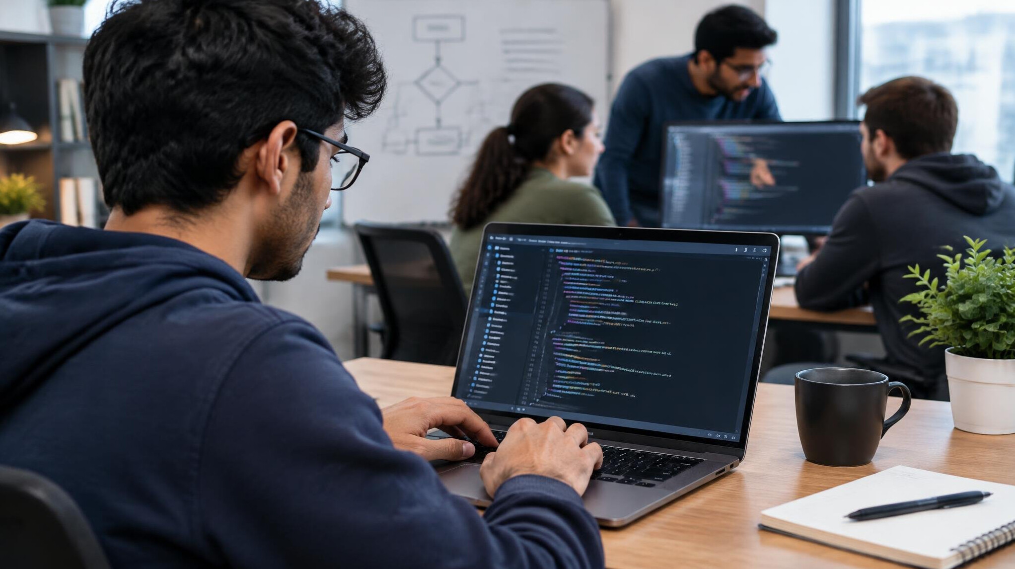 programmer coding on laptop