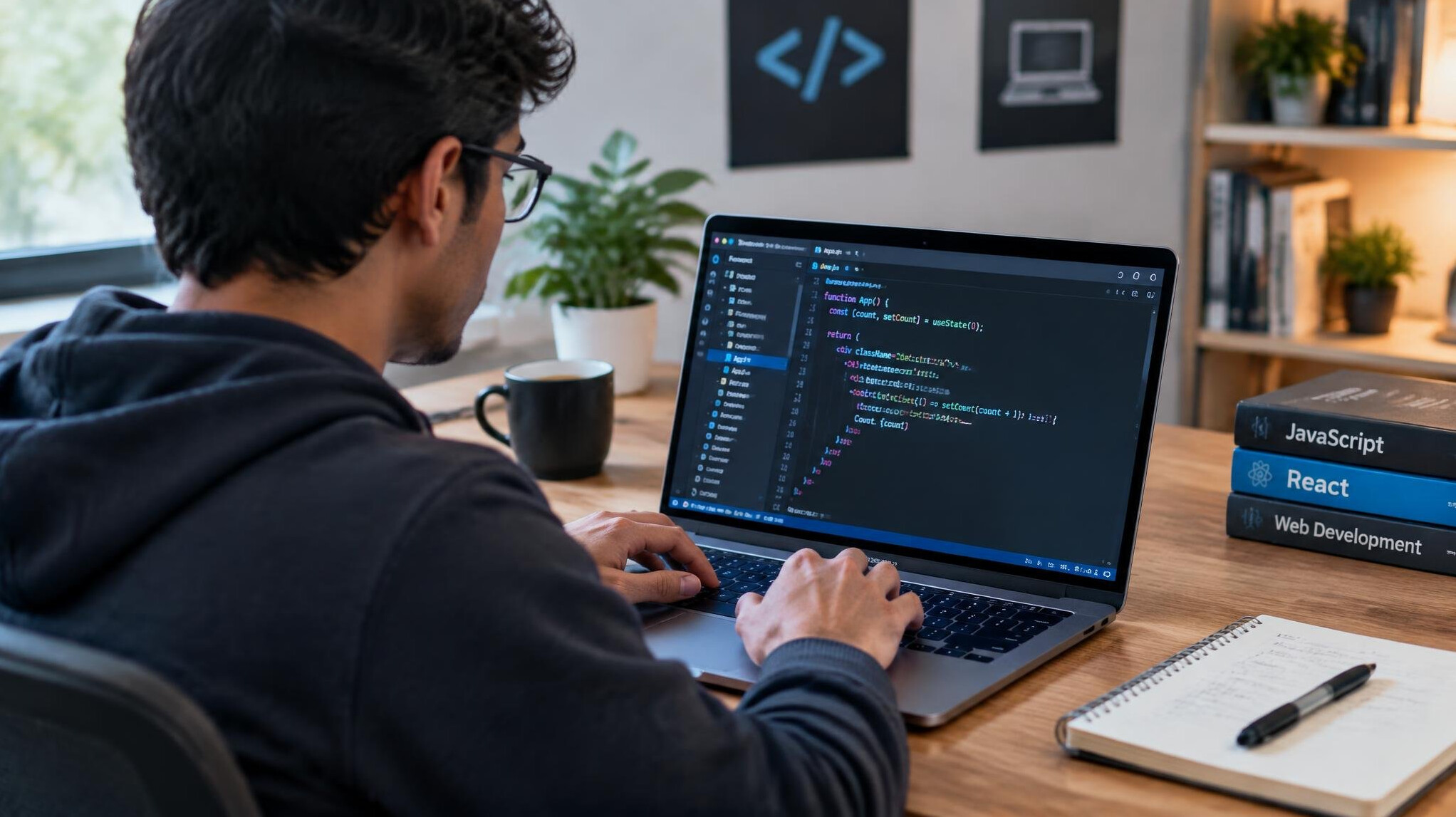 web developer coding on laptop