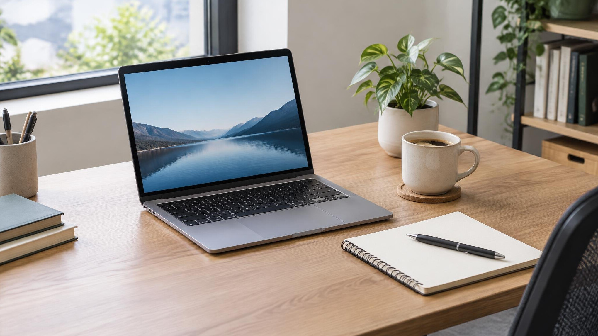 Tidy desk setup with laptop and coffee