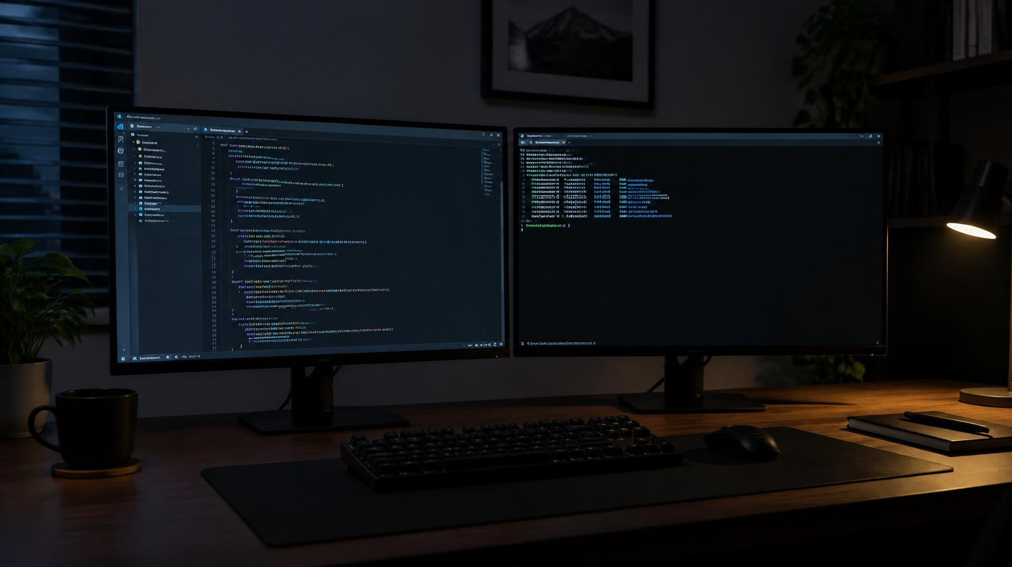 Dual monitor setup displaying code and terminal